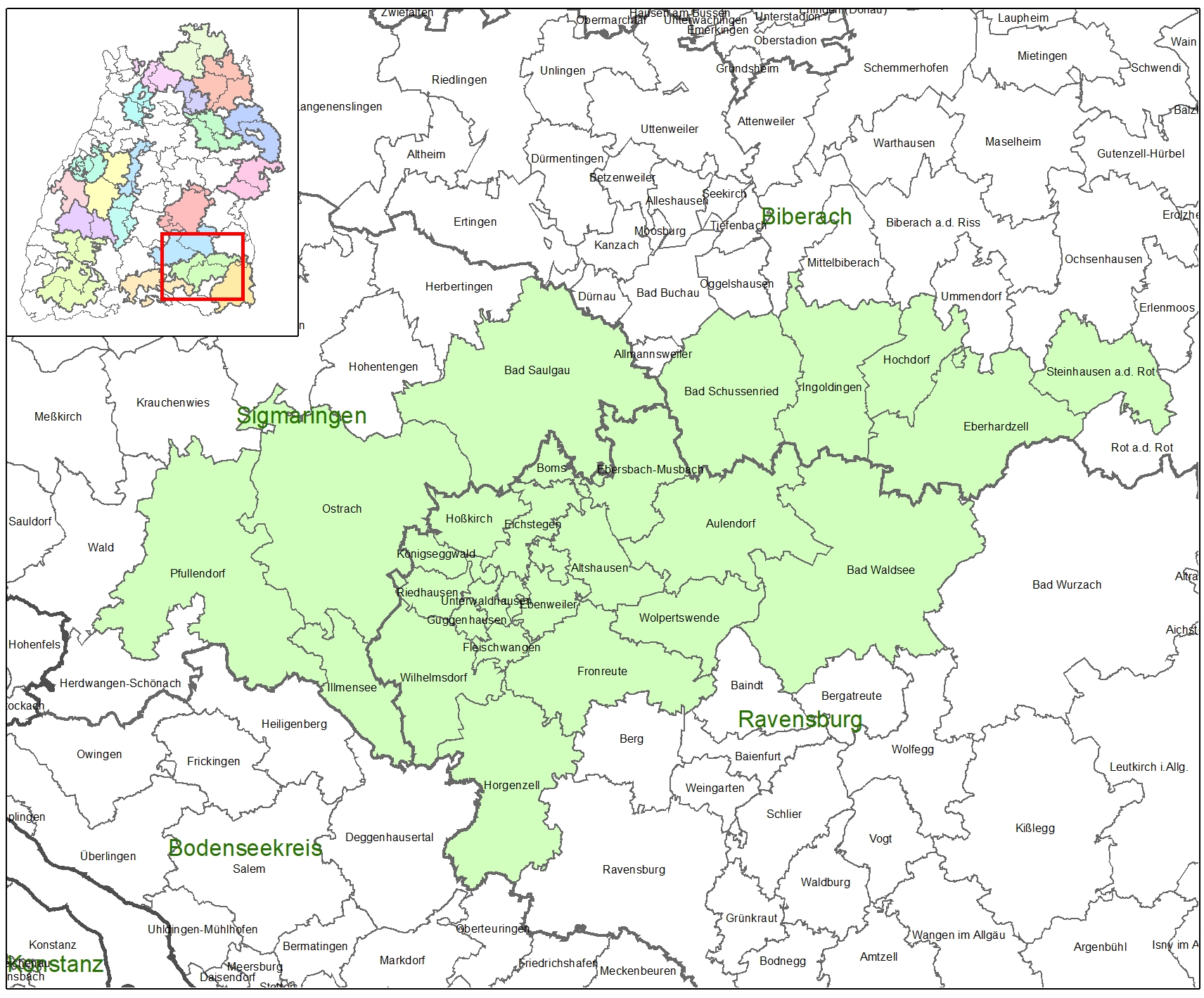 Kartenausschnitt auf dem die Förderkulisse der LEADER-Aktionsgruppe Mittleres Oberschwaben abgebildet ist