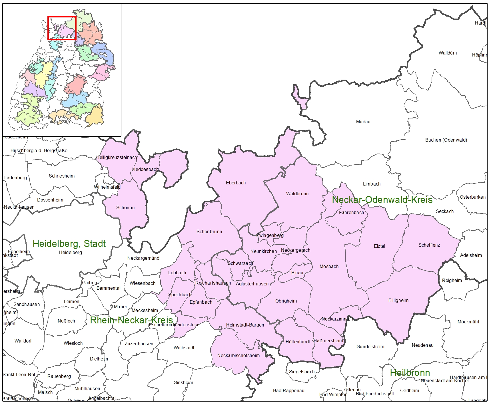 Kartenausschnitt auf dem die Förderkulisse der LEADER-Aktionsgruppe Neckartal-Odenwald aktiv abgebildet ist