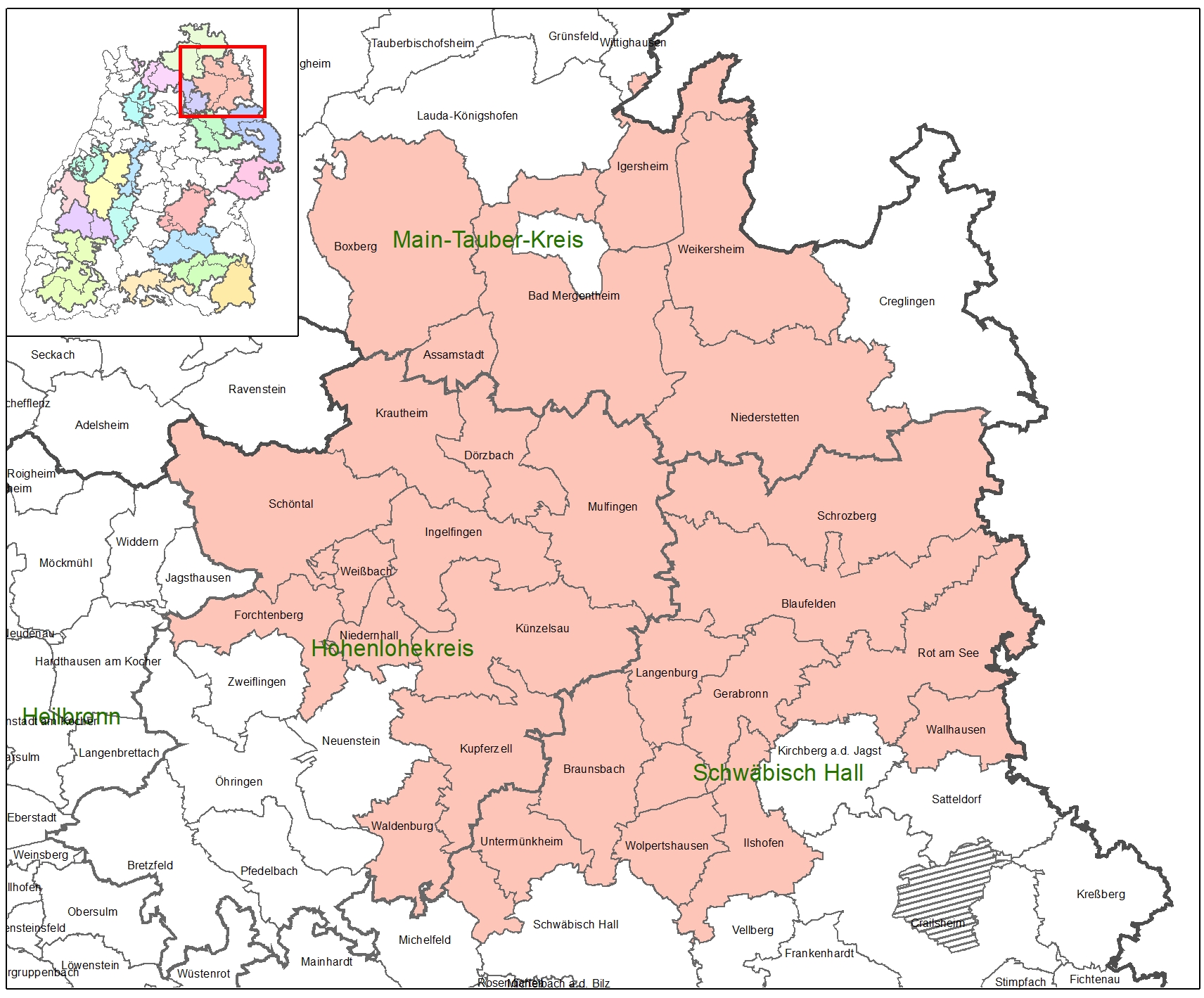 Kartenausschnitt auf dem die Förderkulisse der LEADER-Aktionsgruppe Hohenlohe-Tauber abgebildet ist