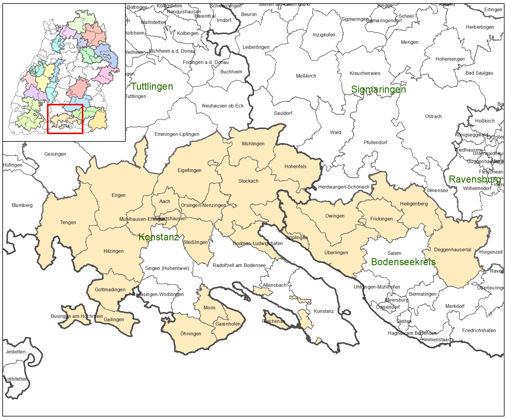 Kartenausschnitt auf dem die Förderkulisse der LEADER-Aktionsgruppe Westlicher Bodensee abgebildet ist