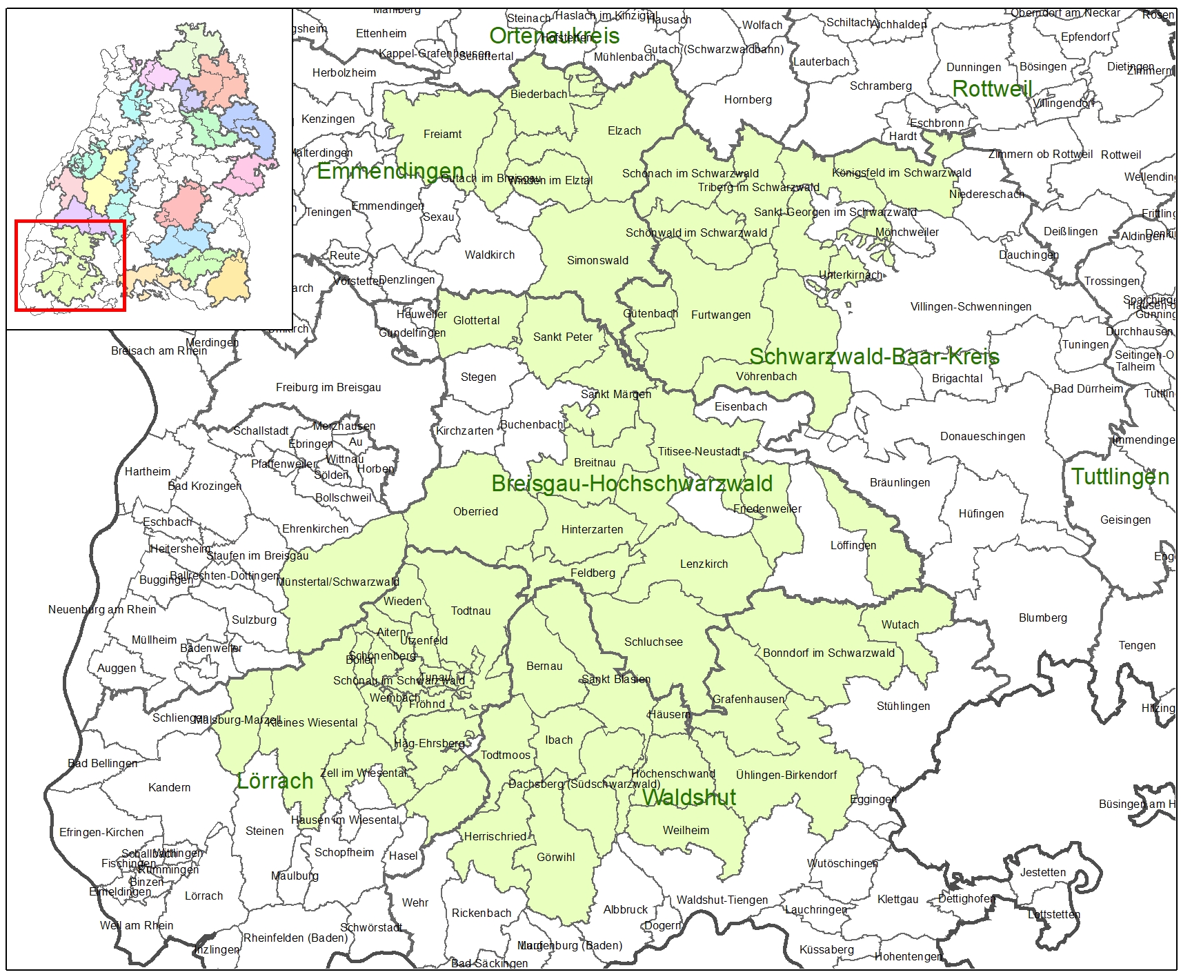 Kartenausschnitt auf dem die Förderkulisse der LEADER-Aktionsgruppe Südschwarzwald abgebildet ist