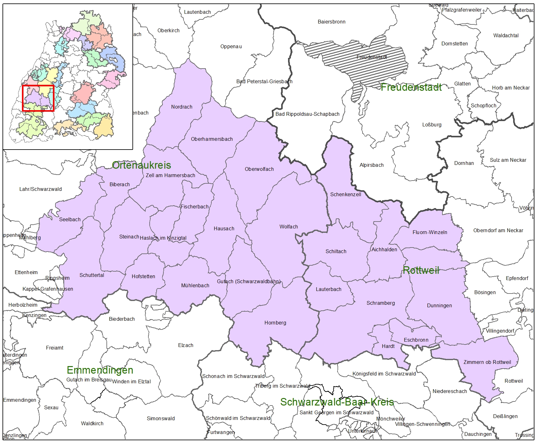 Kartenausschnitt auf dem die Förderkulisse der LEADER-Aktionsgruppe Mittlerer Schwarzwald abgebildet ist