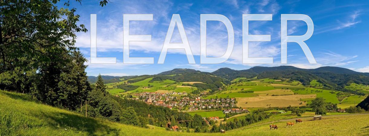 Blick auf hügelige Landschaft mit Häusern im Tal und blauem Himmel