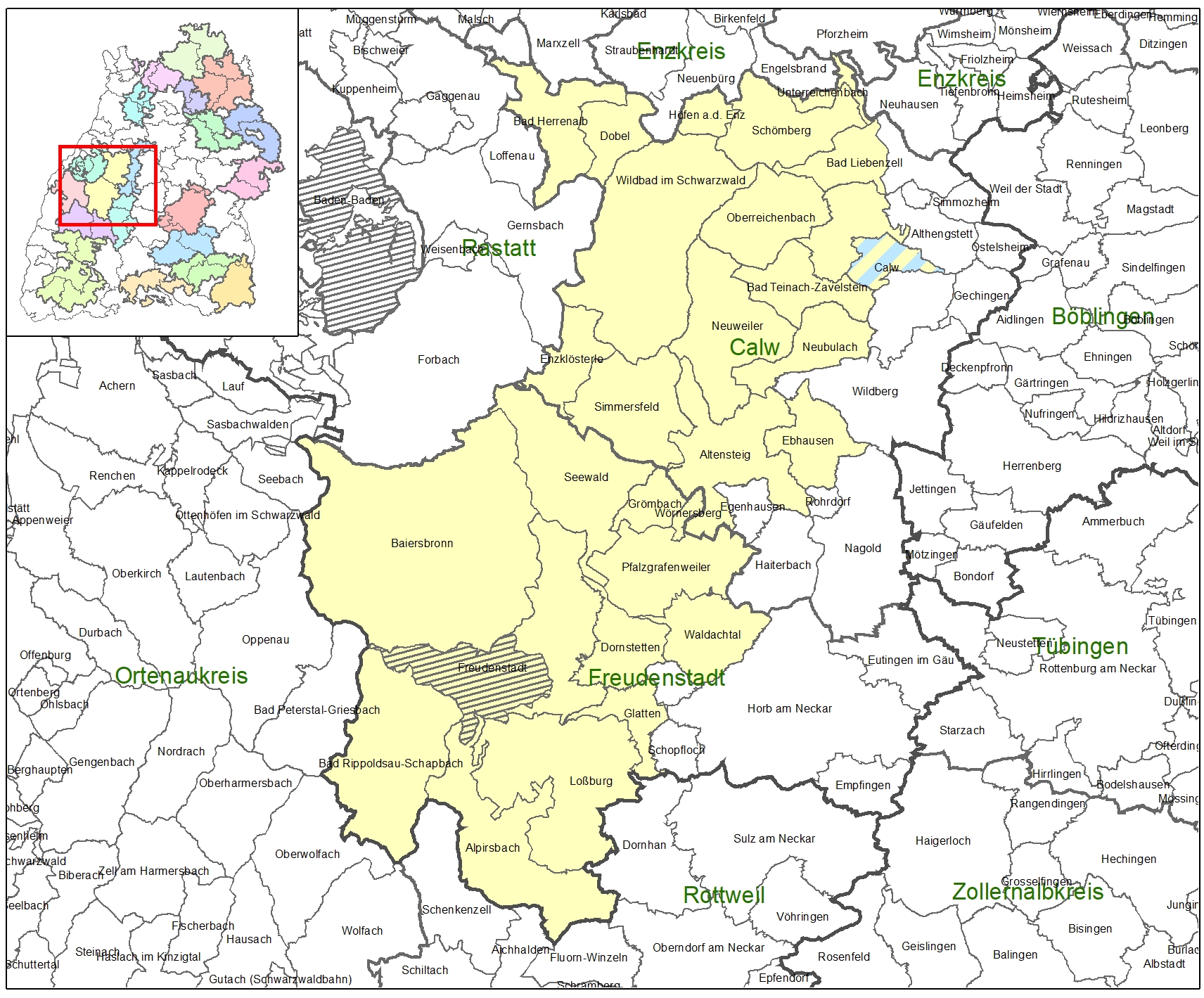 Kartenausschnitt auf dem die Förderkulisse der LEADER-Aktionsgruppe Nordschwarzwald abgebildet ist