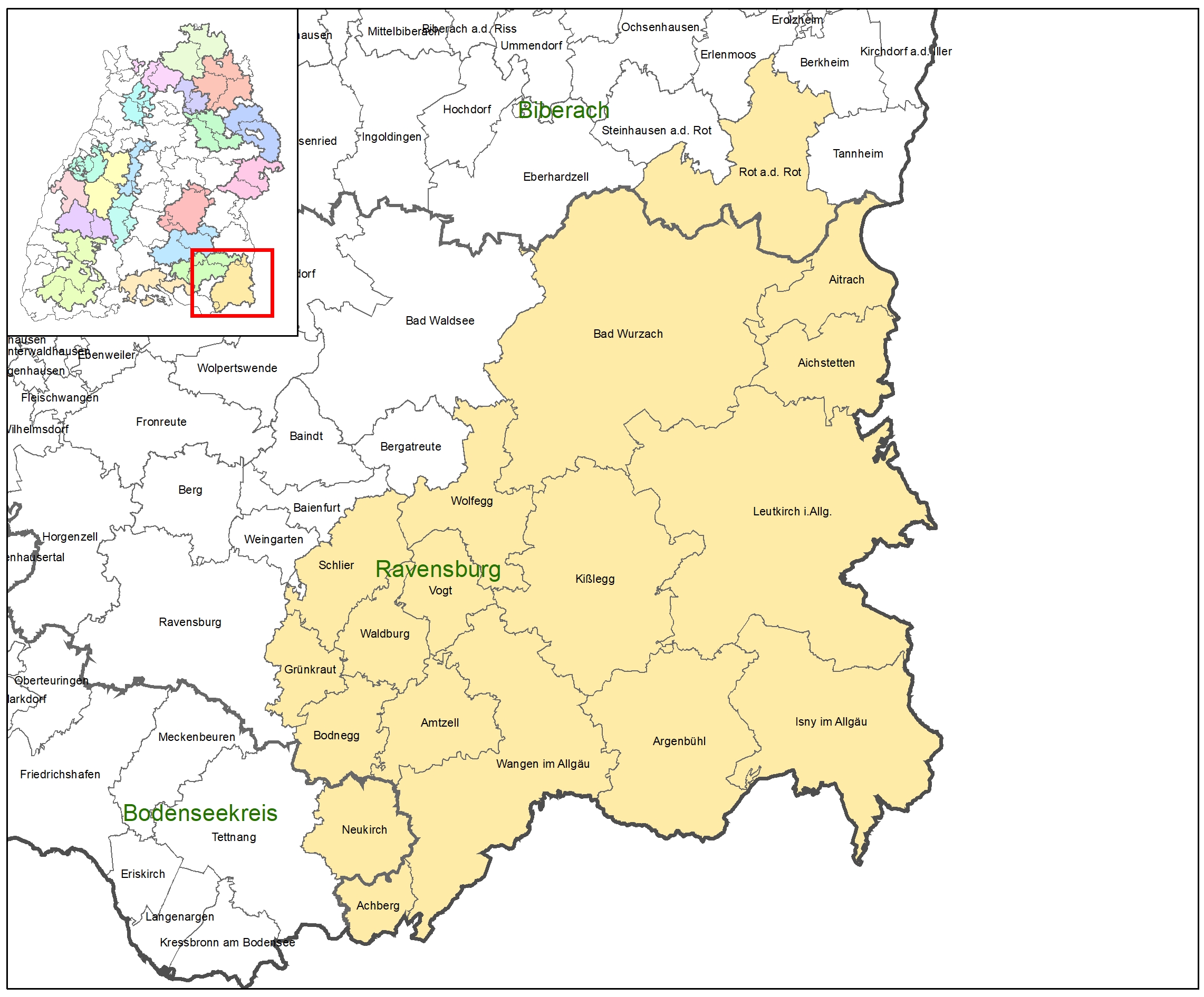 Kartenausschnitt auf dem die Förderkulisse der LEADER-Aktionsgruppe Württembergisches Allgäu abgebildet ist