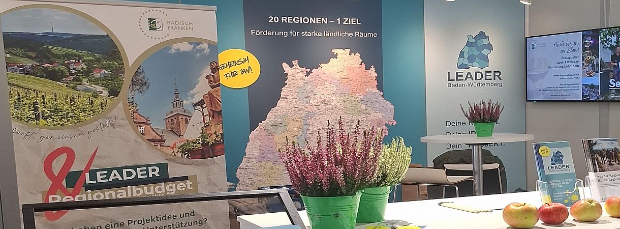 Messestand mit Aufstellern und Bildschirm