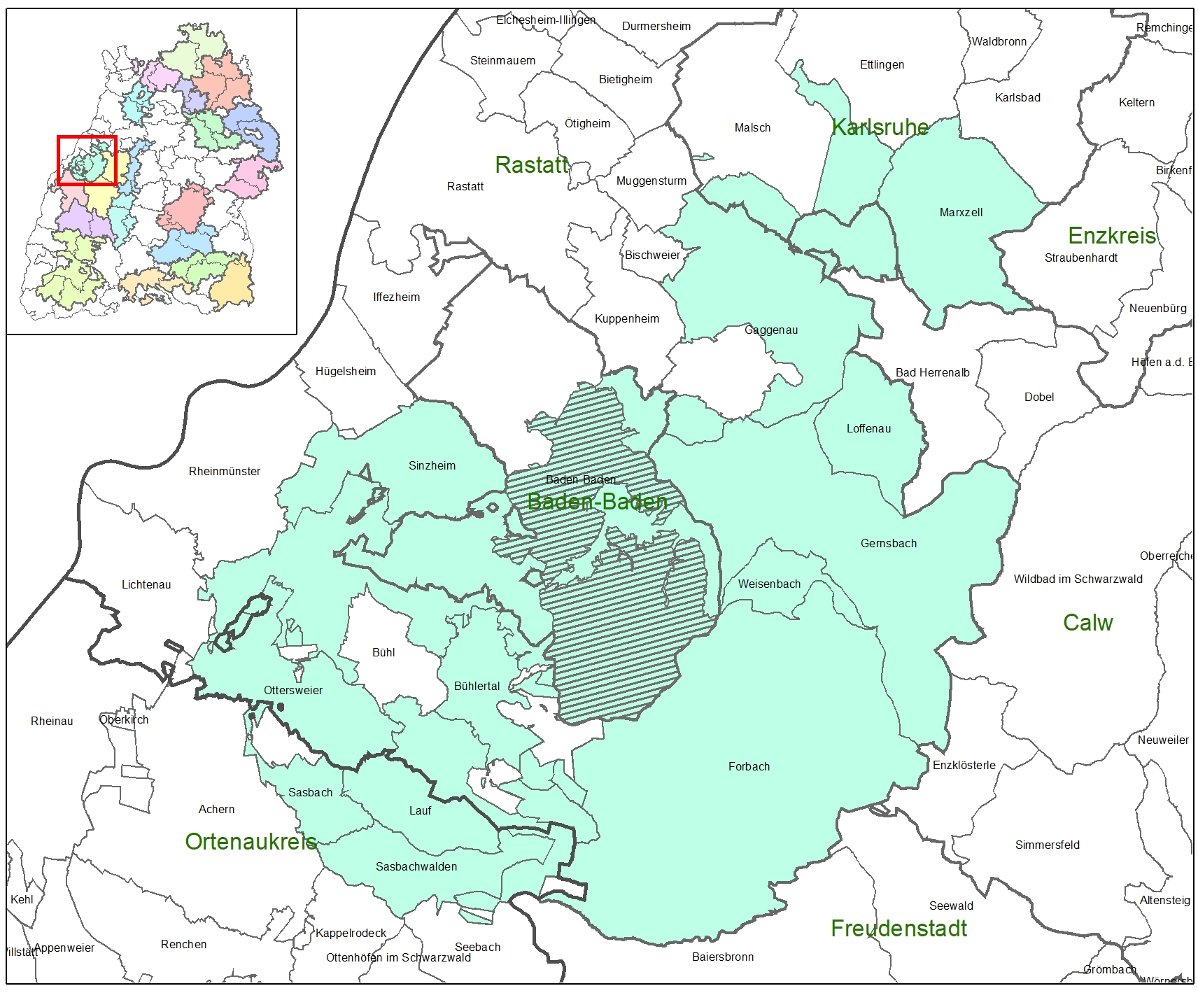 Kartenausschnitt auf dem die Förderkulisse der LEADER-Aktionsgruppe Mittelbaden abgebildet ist