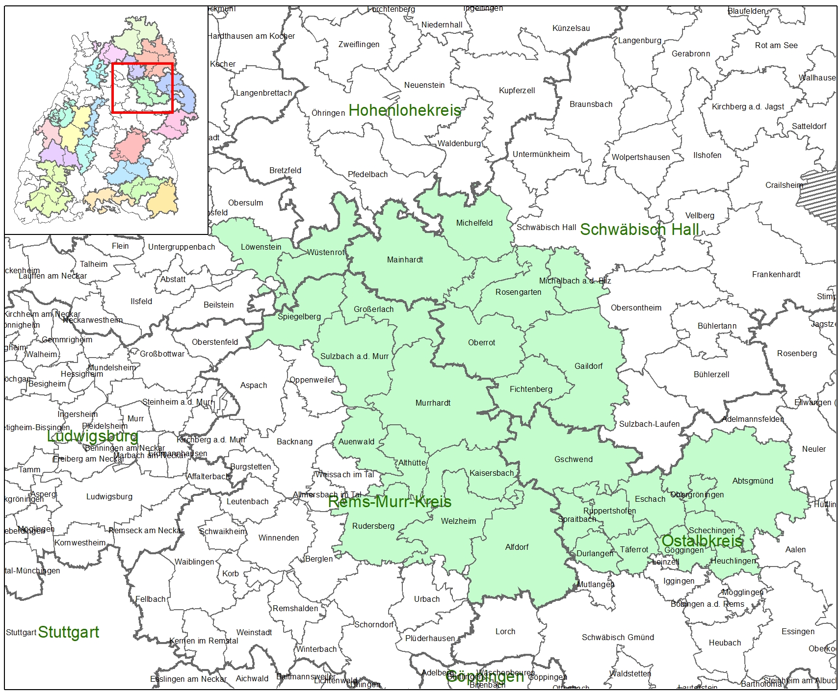 Kartenausschnitt auf dem die Förderkulisse der LEADER-Aktionsgruppe Schwäbischer Wald abgebildet ist