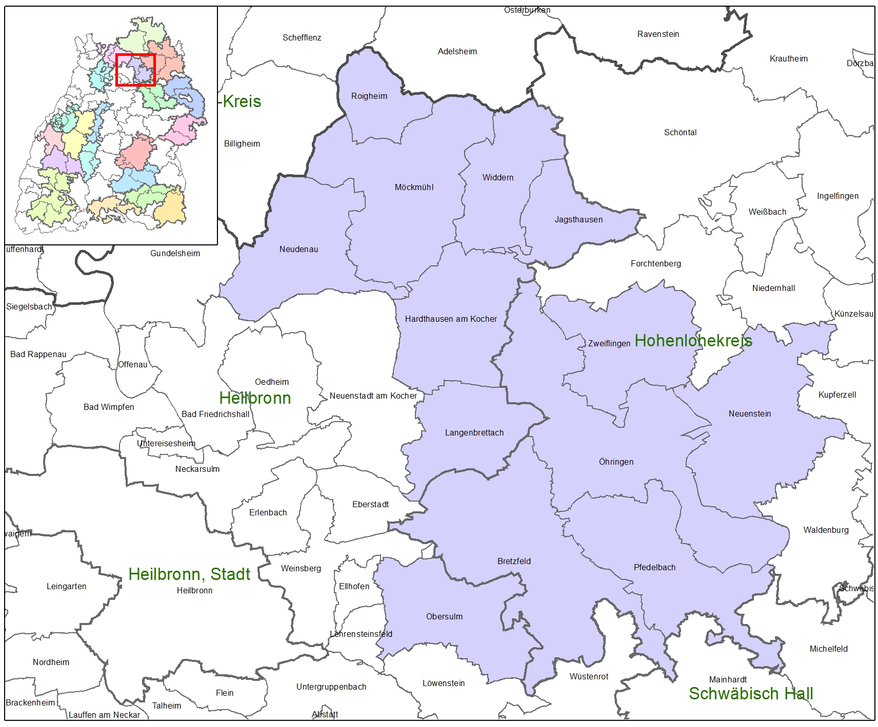 Kartenausschnitt auf dem die Förderkulisse der LEADER-Aktionsgruppe Limesregion Hohenlohe-Heilbronn abgebildet ist