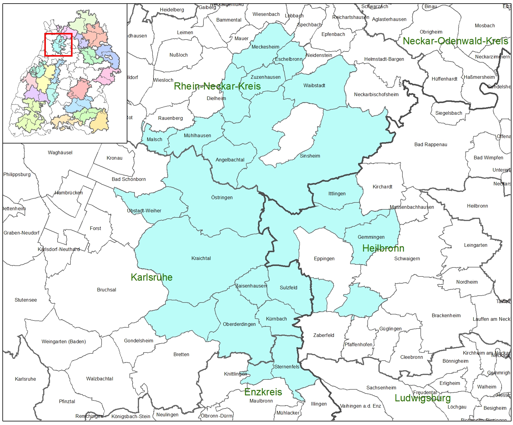 Kartenausschnitt auf dem die Förderkulisse der LEADER-Aktionsgruppe Kraichgau abgebildet ist