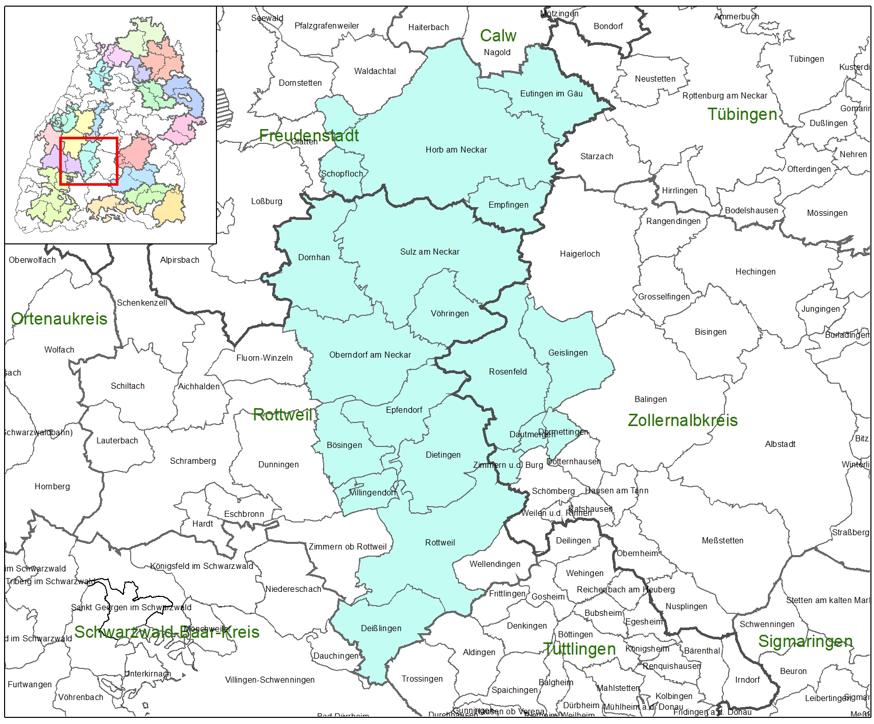 Kartenausschnitt auf dem die Förderkulisse der LEADER-Aktionsgruppe Oberer Neckar abgebildet ist