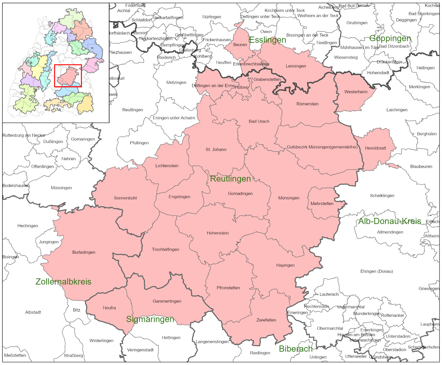 Kartenausschnitt auf dem die Förderkulisse der LEADER-Aktionsgruppe Mittlere Alb abgebildet ist