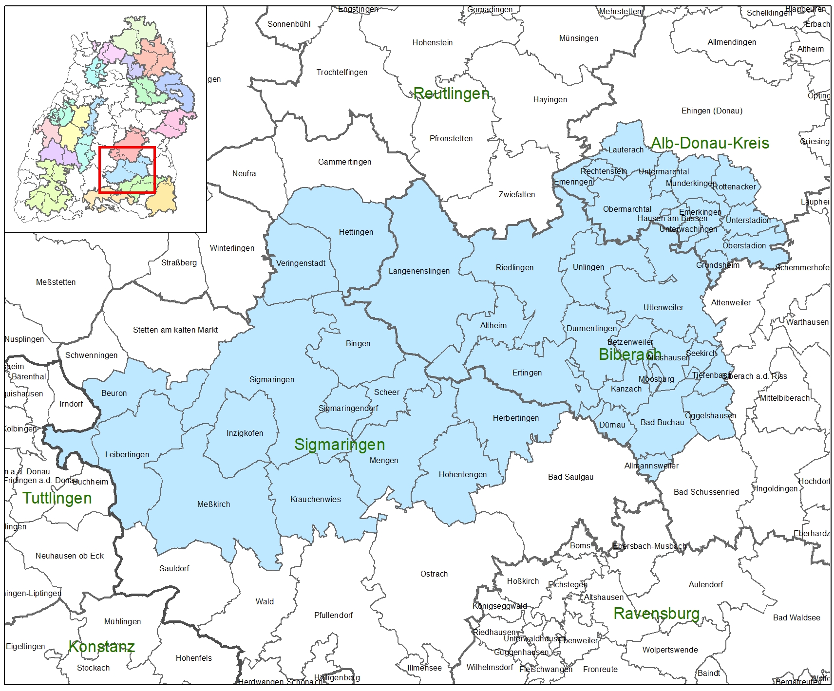Kartenausschnitt auf dem die Förderkulisse der LEADER-Aktionsgruppe Oberschwaben abgebildet ist