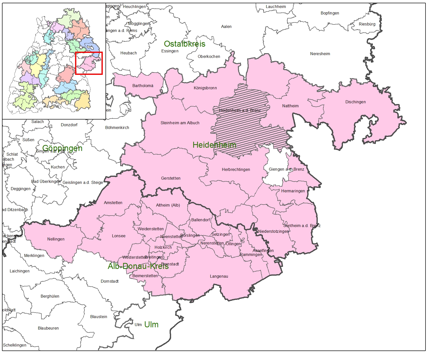 Kartenausschnitt auf dem die Förderkulisse der LEADER-Aktionsgruppe Brenzregion abgebildet ist