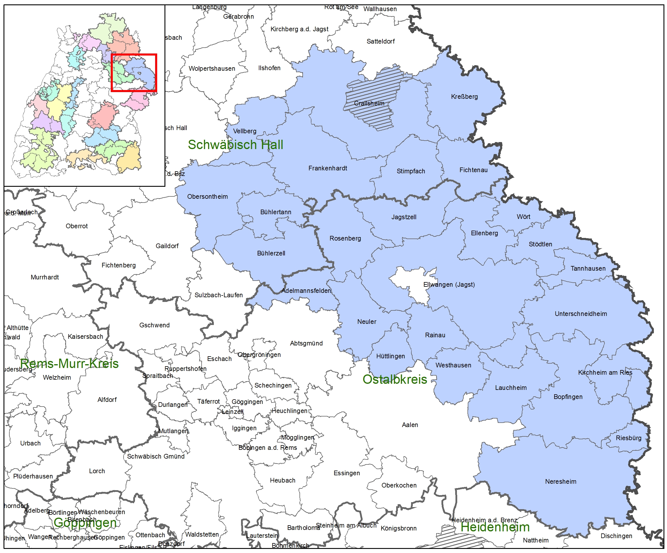 Kartenausschnitt auf dem die Förderkulisse der LEADER-Aktionsgruppe Jagstregion abgebildet ist