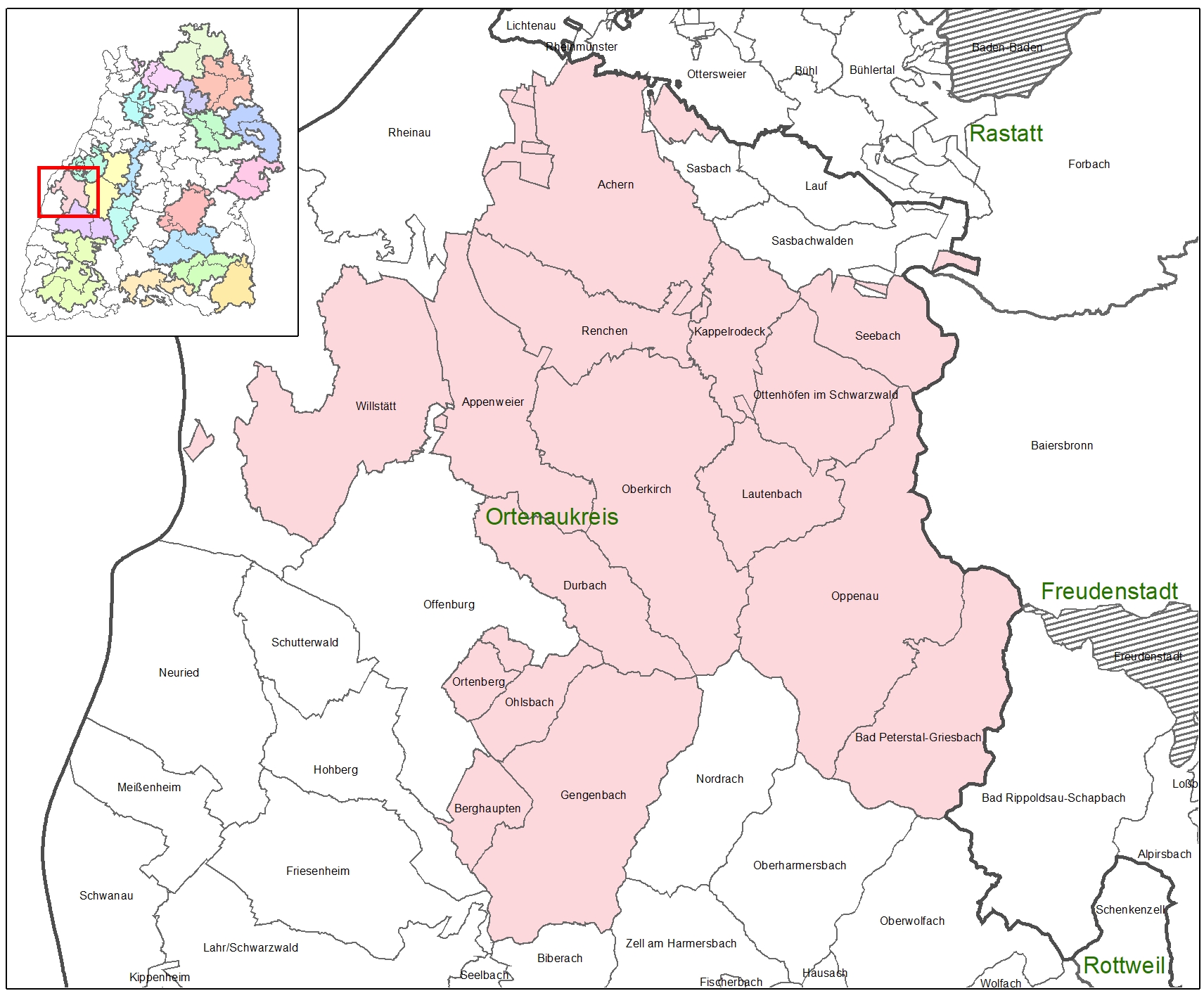 Kartenausschnitt auf dem die Förderkulisse der LEADER-Aktionsgruppe Ortenau abgebildet ist