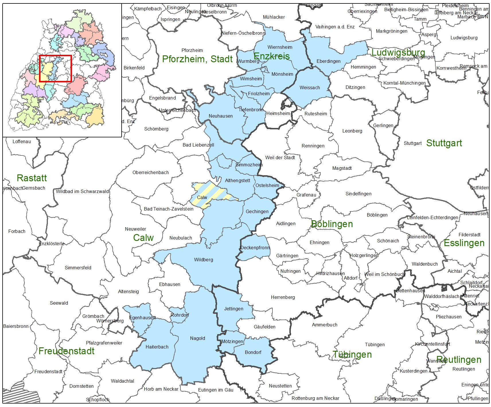 Kartenausschnitt auf dem die Förderkulisse der LEADER-Aktionsgruppe Heckengäu abgebildet ist