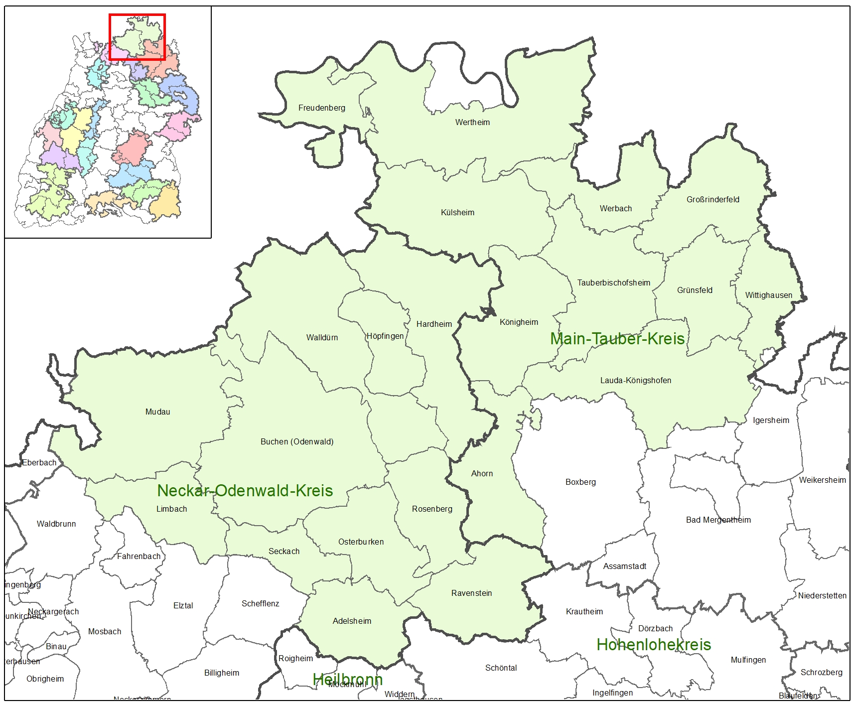Kartenausschnitt auf dem die Förderkulisse der LEADER-Aktionsgruppe Badisch-Franken abgebildet ist